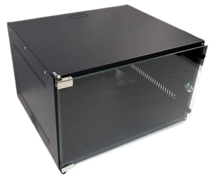 Gabinete Rack Mural 6UR x 19" x 450mm Celosias Laterales Puerta Vidrio Templado 4 mm Chapa con Llave