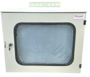 Rack  Exterior Galvanizado   9 UR x 19" x  Prof 600mm  Muro/Poste, Incluye 1 Ventilador 220vac y Termostato Visor